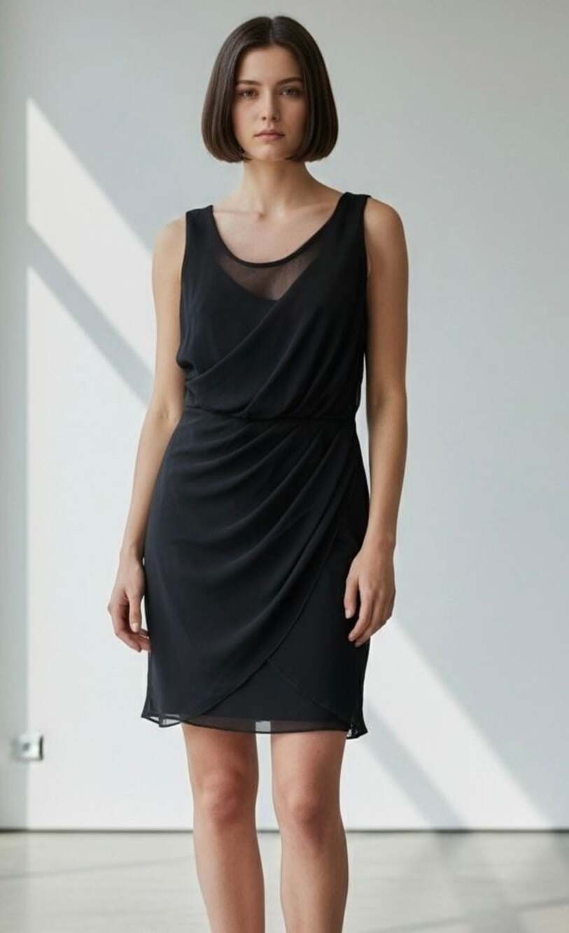 Cecico Black Sleeveless Mini Dress with Mesh and Asymmetrical Draped Overlay